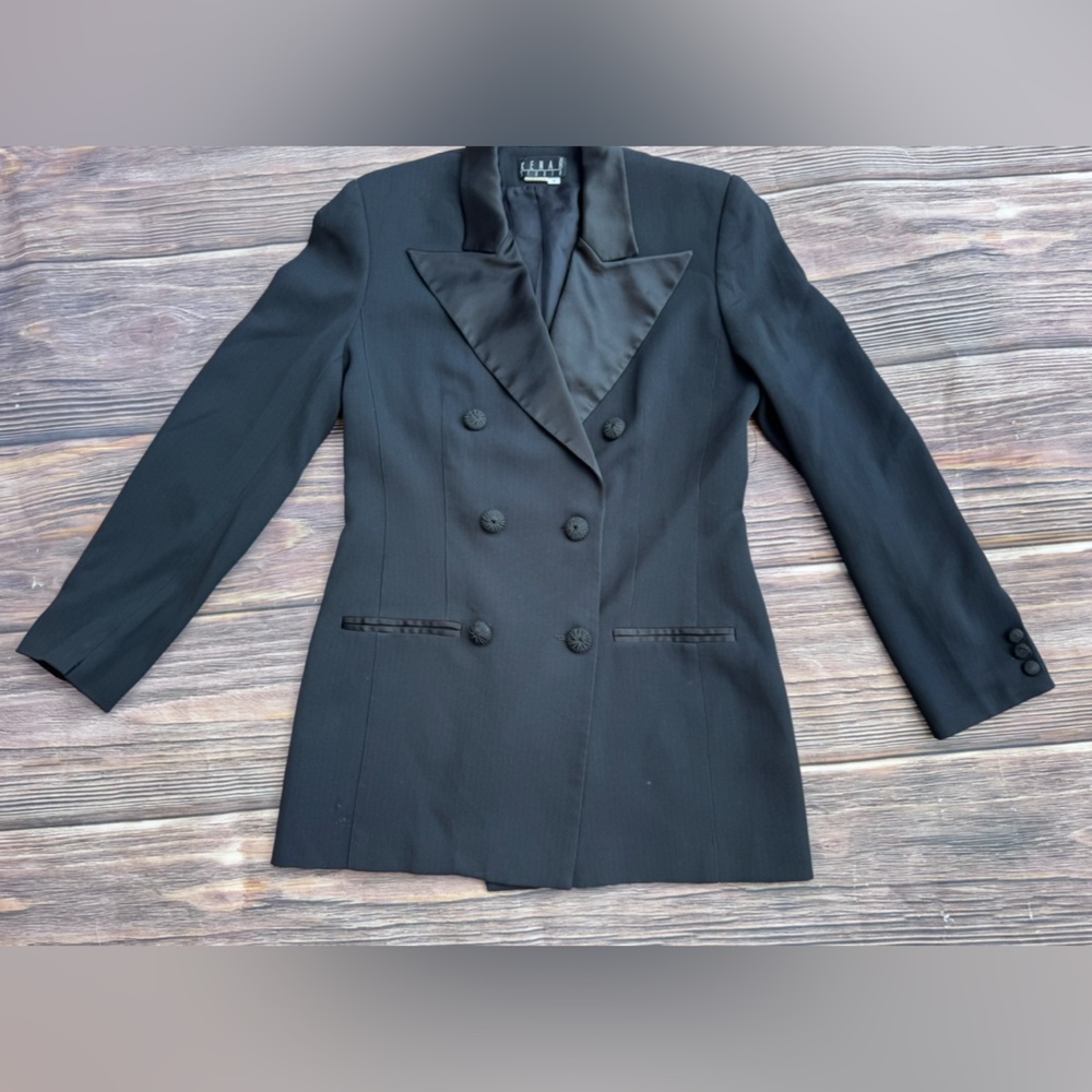 Kenar Studio Black Blazer Women’s Size 6 Double Breasted Satin Lapel Jacket